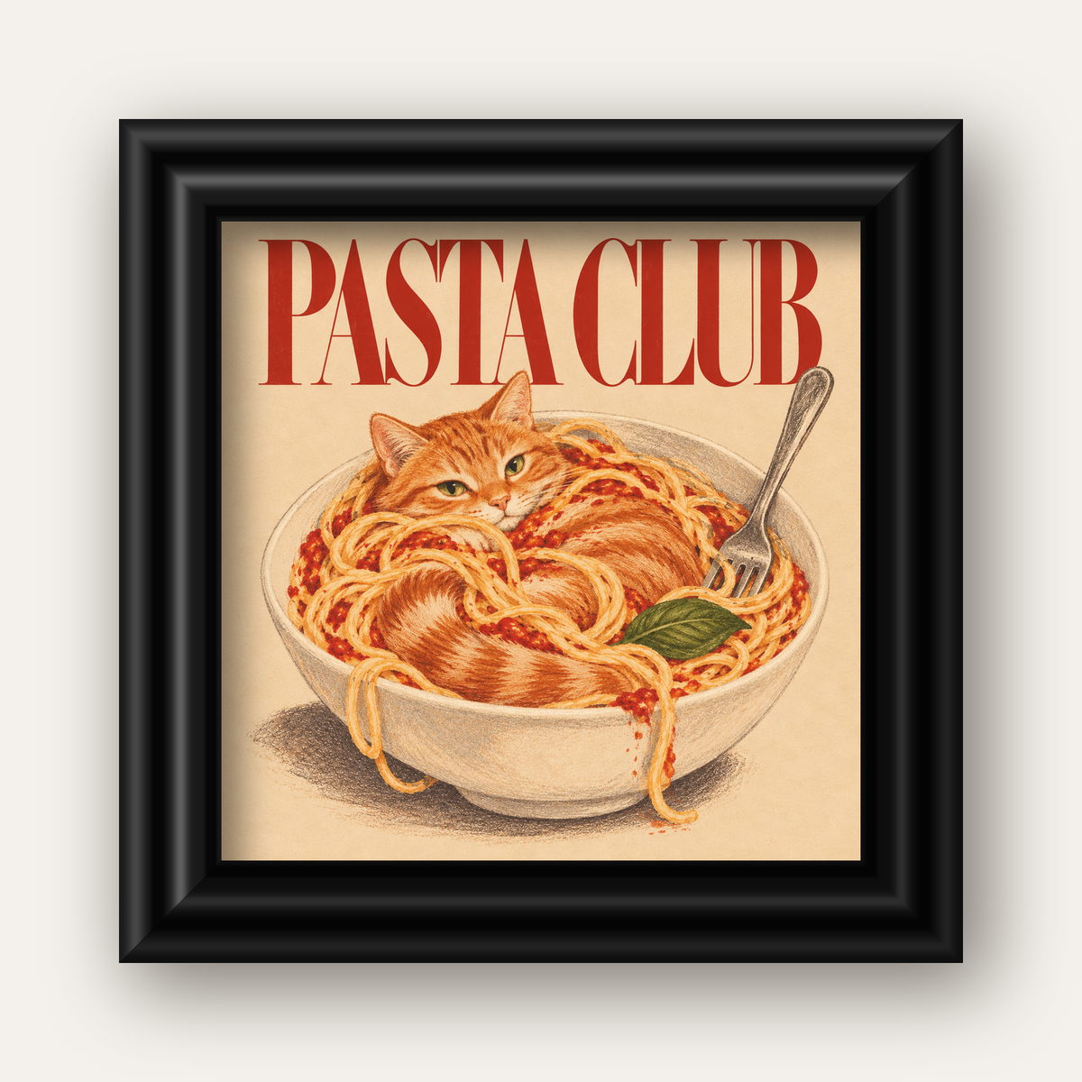 Pasta Club: Spagetti Arasında Kedi Poster – Renkli Sanat Baskısı — siyah galeri çerçeveli