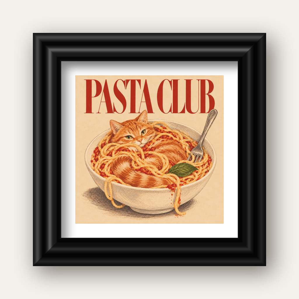 Pasta Club: Spagetti Arasında Kedi Poster – Renkli Sanat Baskısı — siyah galeri çerçeveli paspartulu