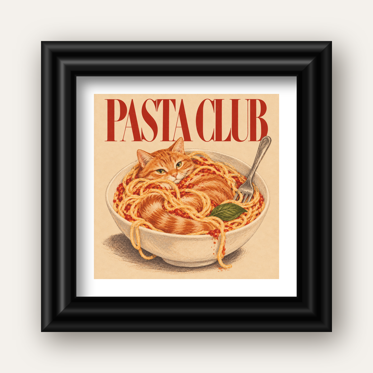 Pasta Club: Spagetti Arasında Kedi Poster – Renkli Sanat Baskısı — siyah galeri çerçeveli paspartulu