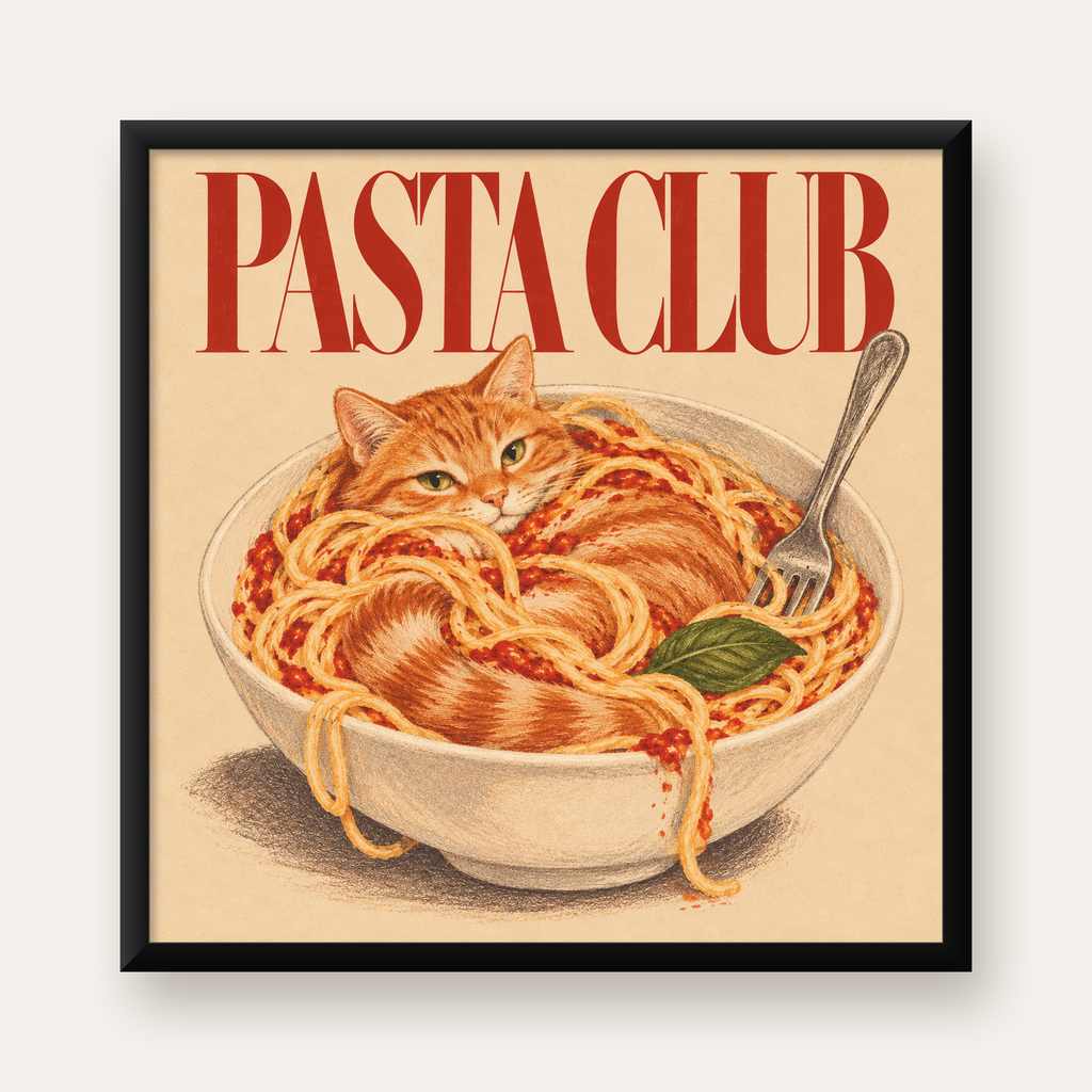 Pasta Club: Spagetti Arasında Kedi Poster – Renkli Çerçeveli Baskı — Kare baskı, düz siyah çerçeveli duvar posteri