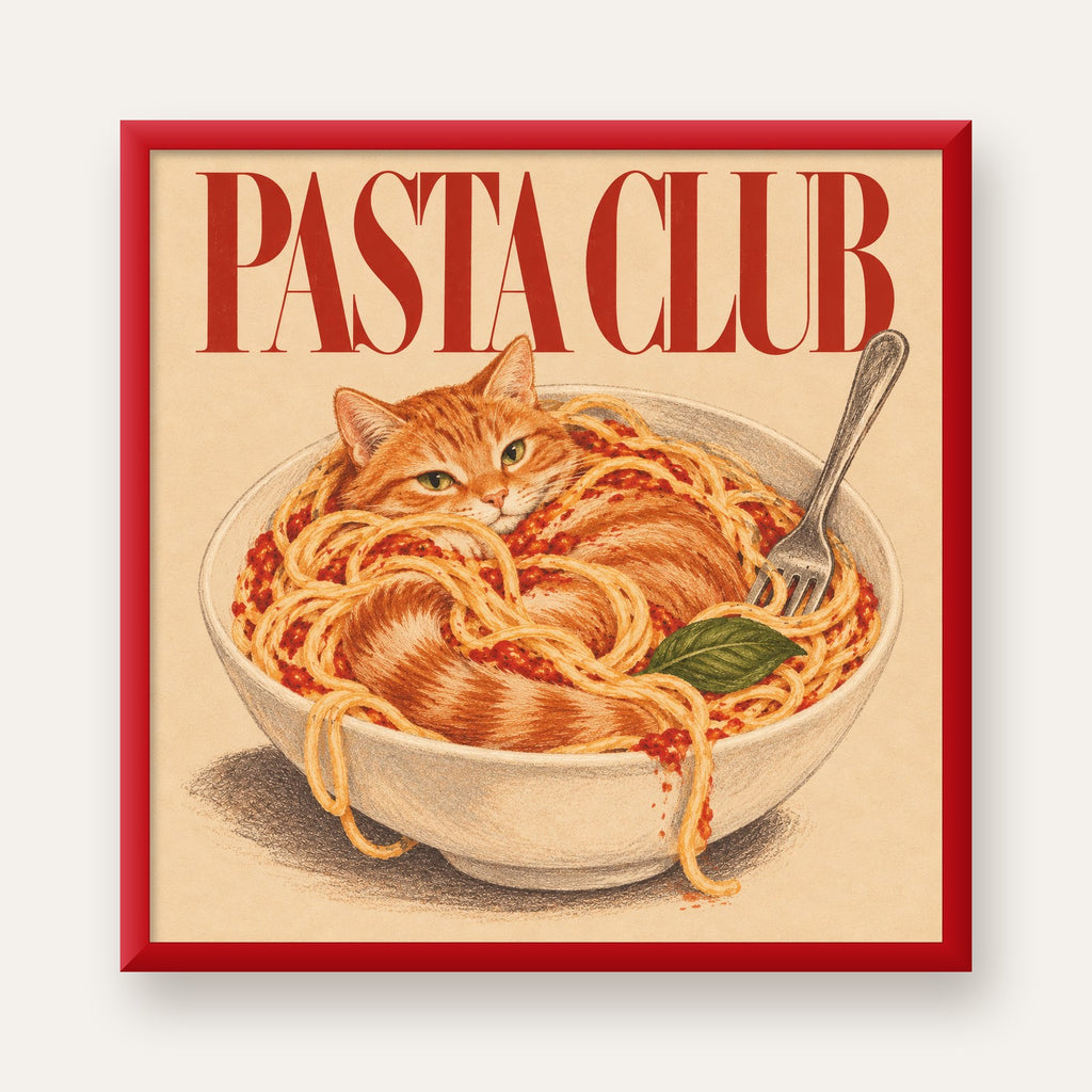 Pasta Club: Spagetti Arasında Kedi Poster – Renkli Sanat Baskısı — kırmızı çerçeveli