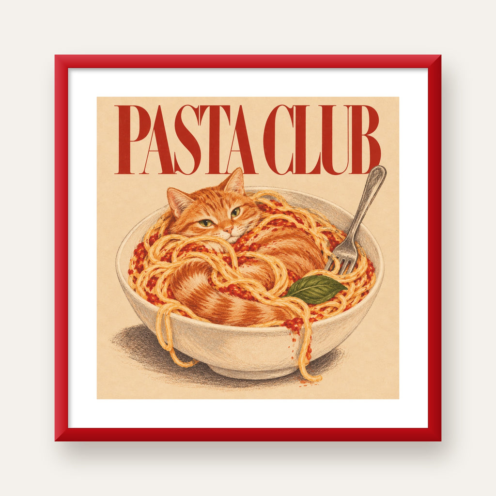 Pasta Club: Spagetti Arasında Kedi Poster – Renkli Sanat Baskısı — kırmızı çerçeveli paspartulu