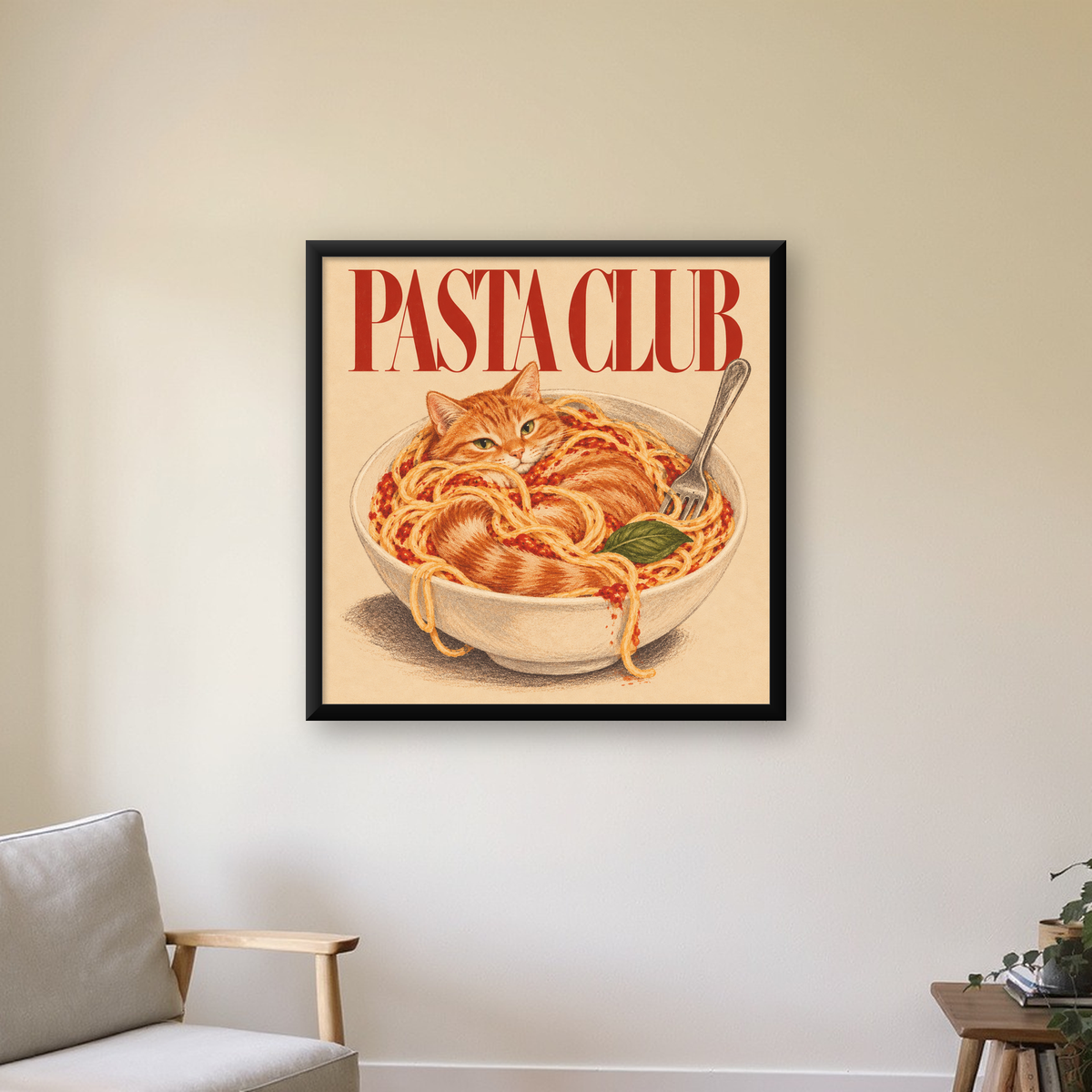 Pasta Club: Spagetti Arasında Kedi Poster – Renkli Çerçeveli Baskı — Kare baskı, çerçeveli hâliyle bir ev duvarında