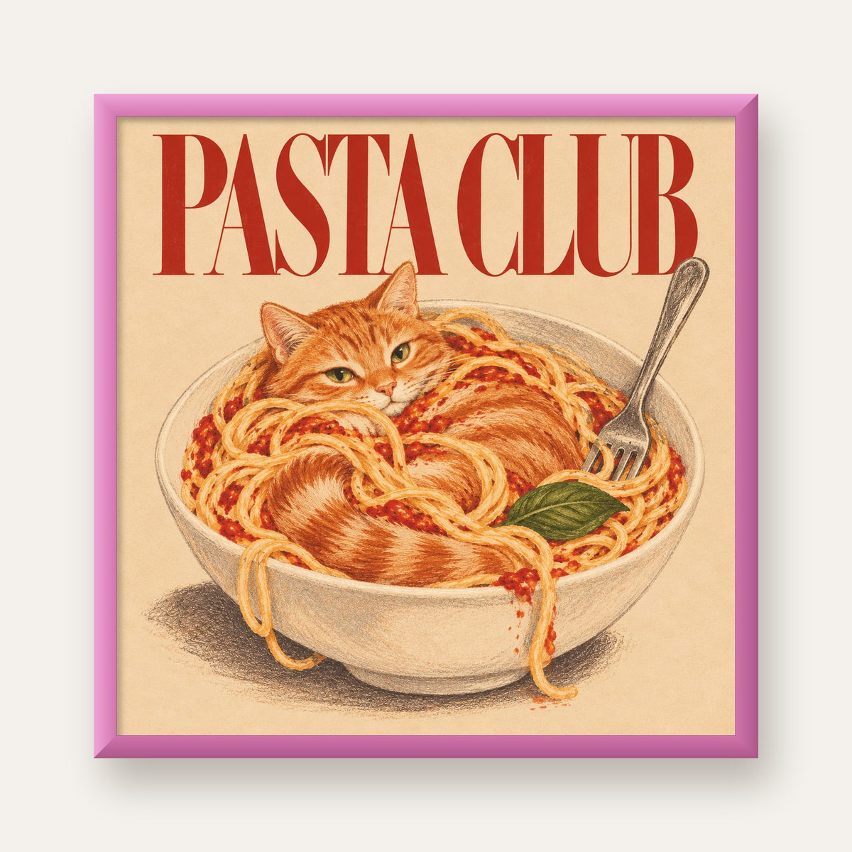 Pasta Club: Spagetti Arasında Kedi Poster – Renkli Sanat Baskısı — pembe çerçeveli