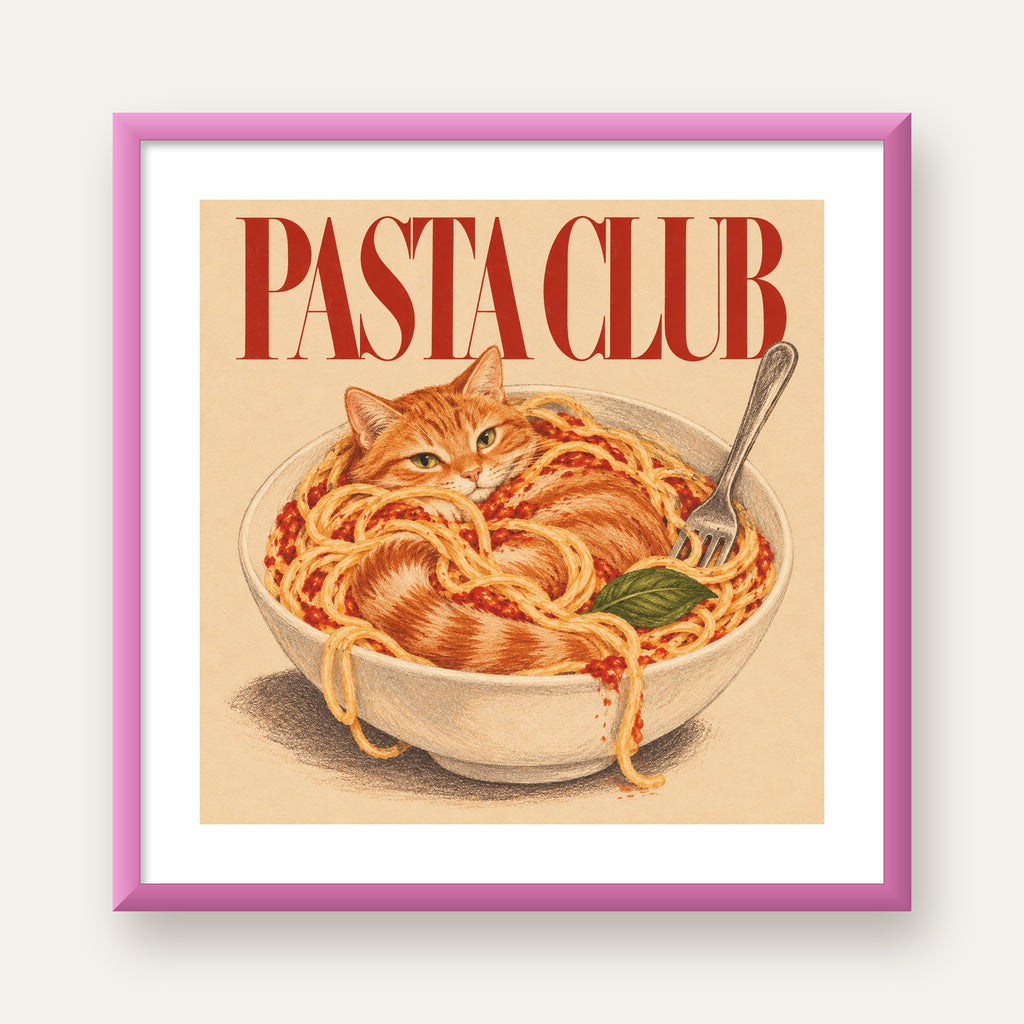 Pasta Club: Spagetti Arasında Kedi Poster – Renkli Sanat Baskısı — pembe çerçeveli paspartulu