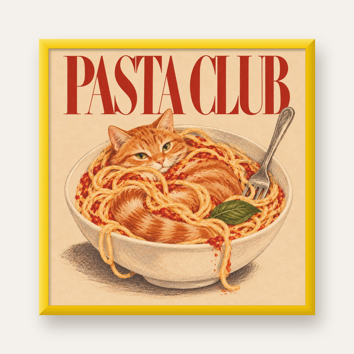 Pasta Club: Spagetti Arasında Kedi Poster – Renkli Sanat Baskısı — sarı çerçeveli