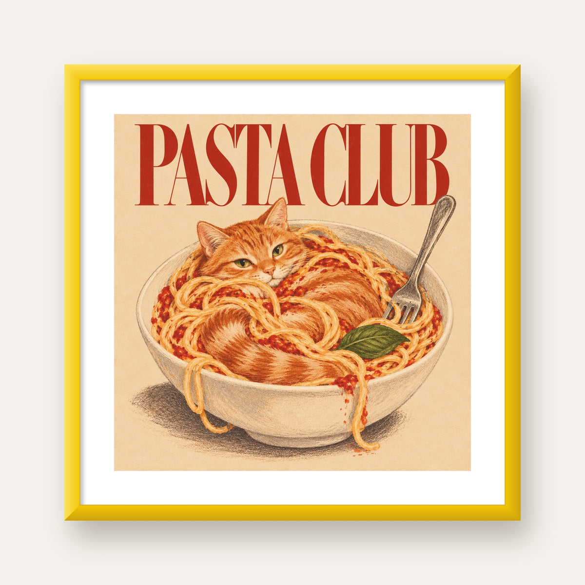 Pasta Club: Spagetti Arasında Kedi Poster – Renkli Sanat Baskısı — sarı çerçeveli paspartulu