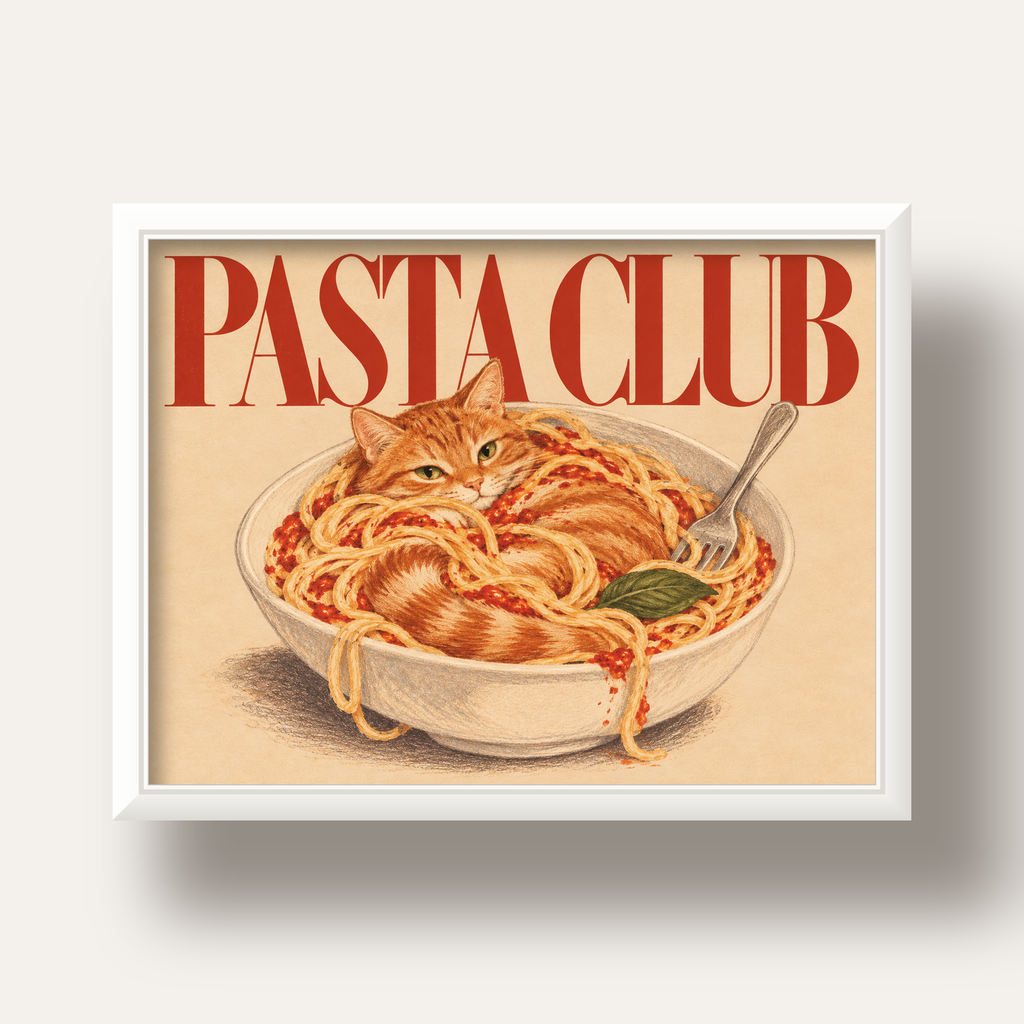 Pasta Club: Spagetti Arasında Kedi Poster – Renkli Sanat Baskısı — beyaz derin çerçeveli