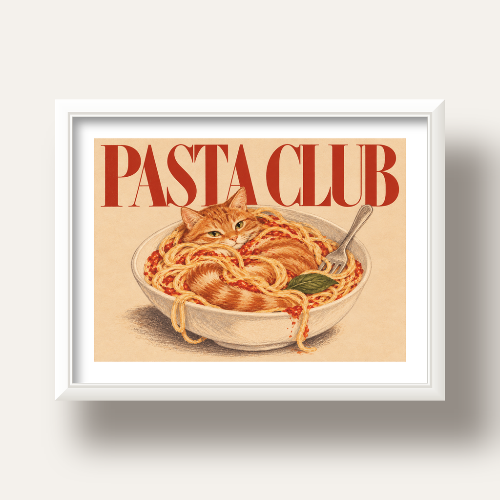 Pasta Club: Spagetti Arasında Kedi Poster – Renkli Sanat Baskısı — beyaz derin çerçeveli paspartulu