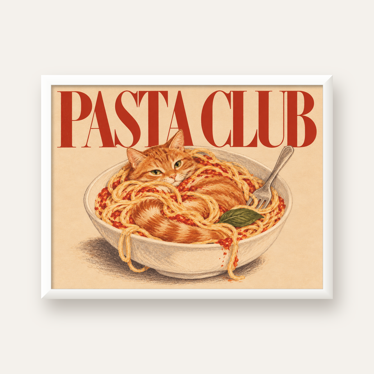 Pasta Club: Spagetti Arasında Kedi Poster – Renkli Sanat Baskısı — beyaz çerçeveli yatay poster
