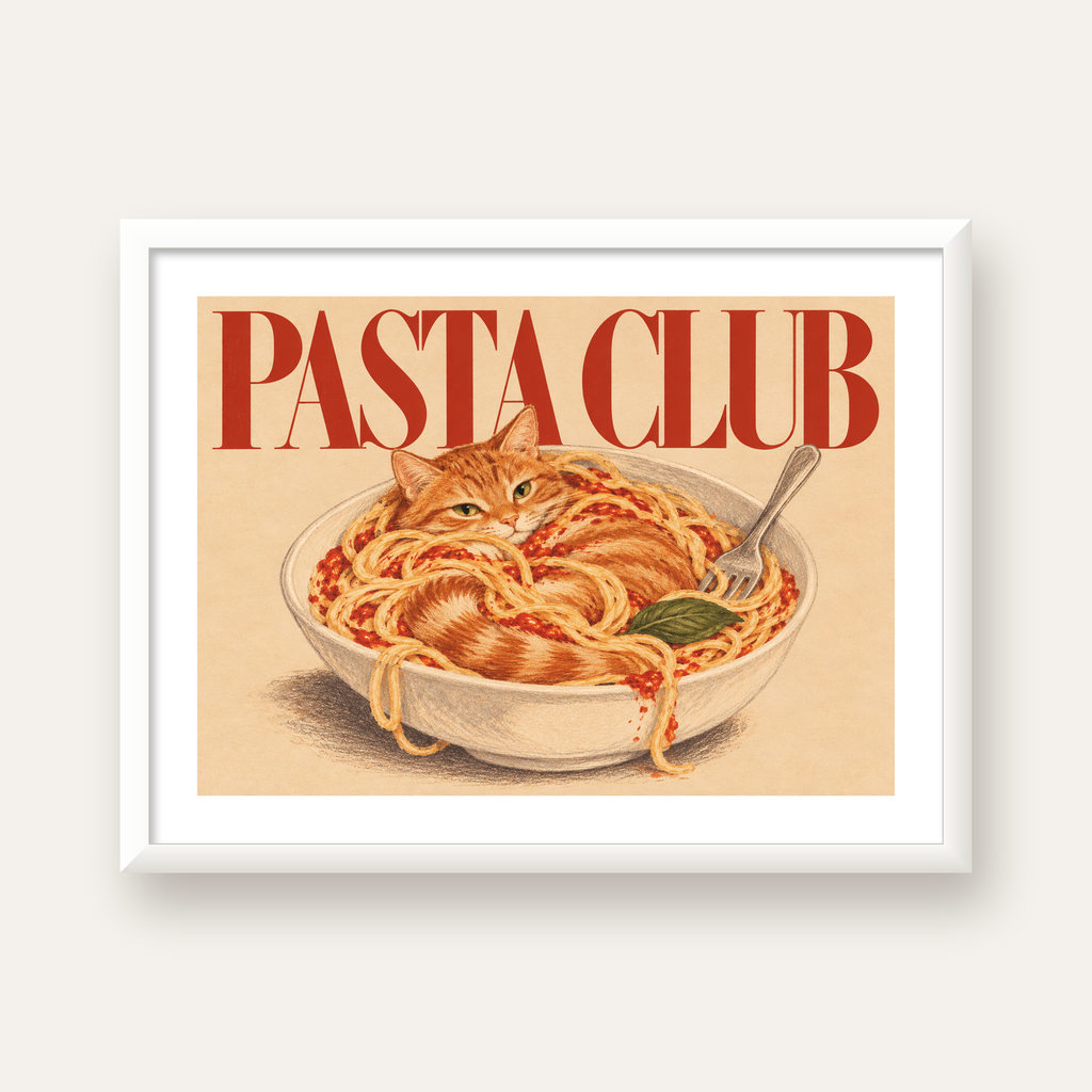 Pasta Club: Spagetti Arasında Kedi Poster – Renkli Sanat Baskısı — beyaz çerçeveli yatay poster