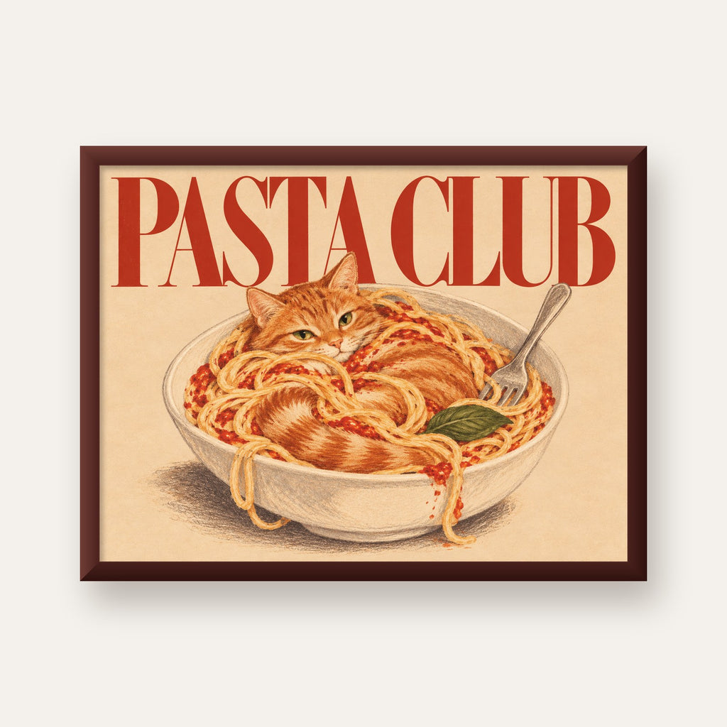 Pasta Club: Spagetti Arasında Kedi Poster – Renkli Sanat Baskısı — ceviz çerçeveli