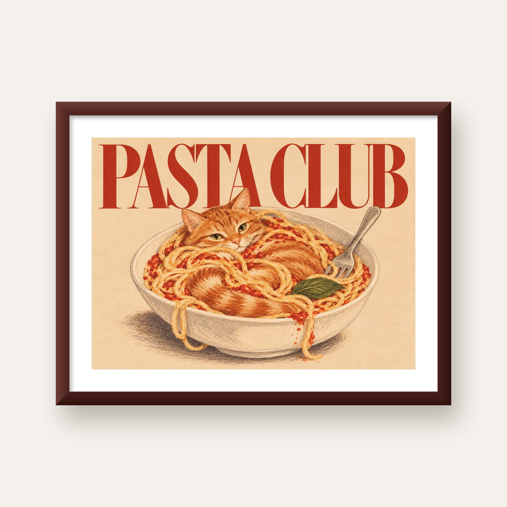 Pasta Club: Spagetti Arasında Kedi Poster – Renkli Sanat Baskısı — ceviz çerçeveli paspartulu