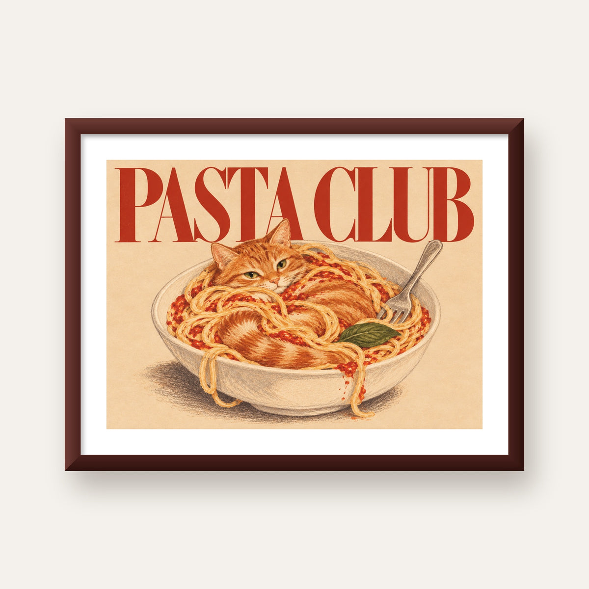 Pasta Club: Spagetti Arasında Kedi Poster – Renkli Sanat Baskısı — ceviz çerçeveli paspartulu