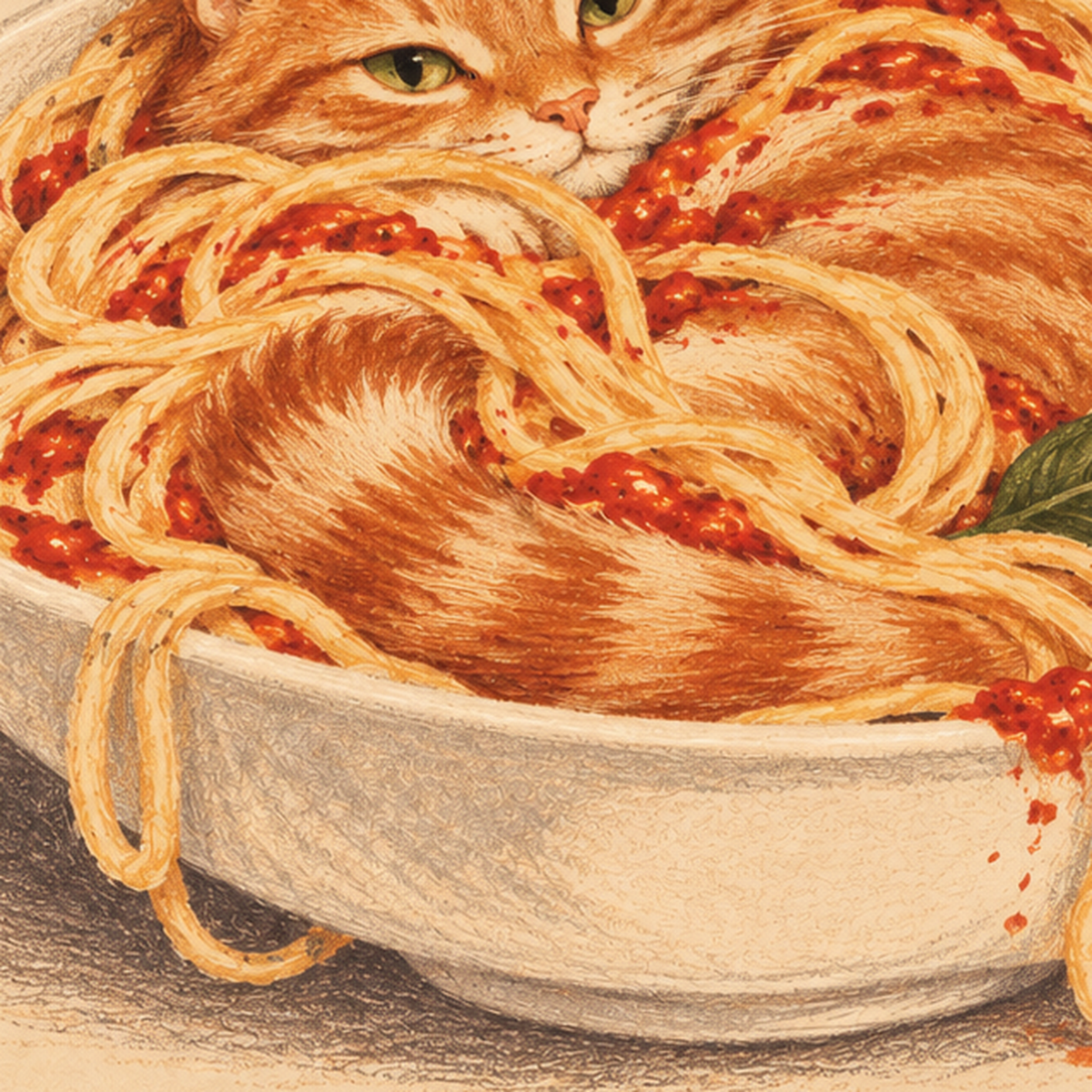 Pasta Club: Spagetti Arasında Kedi Poster – Renkli Çerçeveli Baskı — baskının yakın çekimi, kâğıt dokusu ve renk detayı