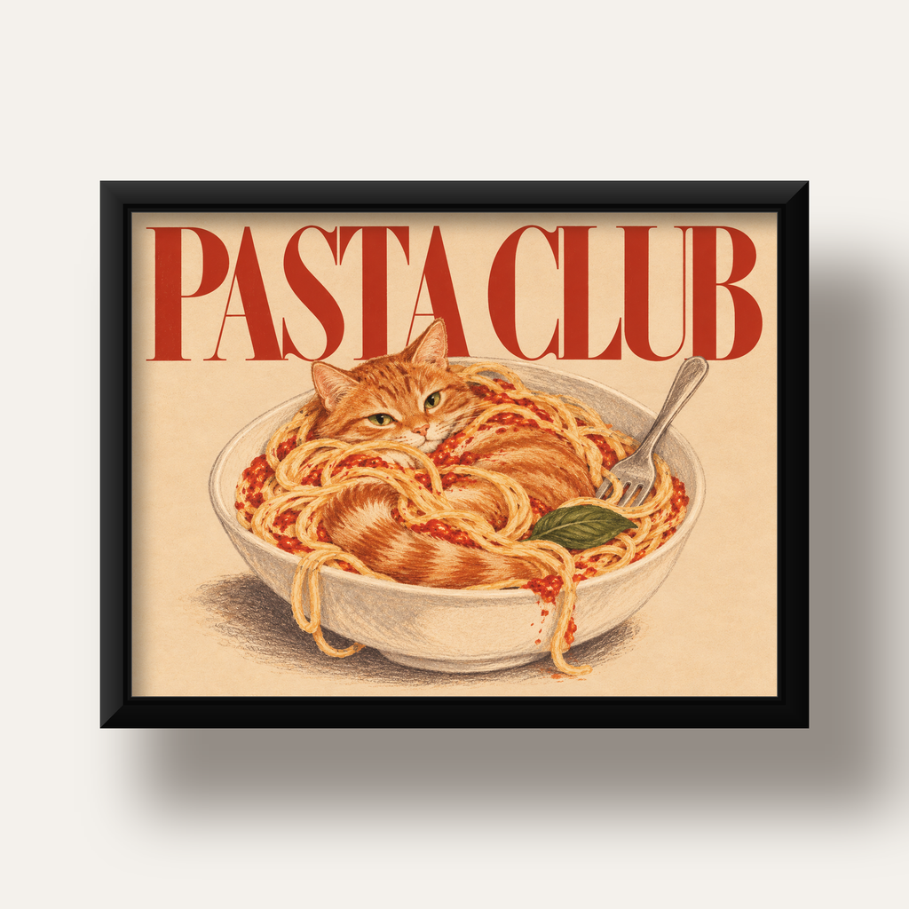 Pasta Club: Spagetti Arasında Kedi Poster – Renkli Sanat Baskısı — siyah derin çerçeveli