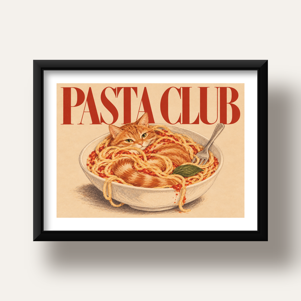 Pasta Club: Spagetti Arasında Kedi Poster – Renkli Sanat Baskısı — siyah derin çerçeveli paspartulu