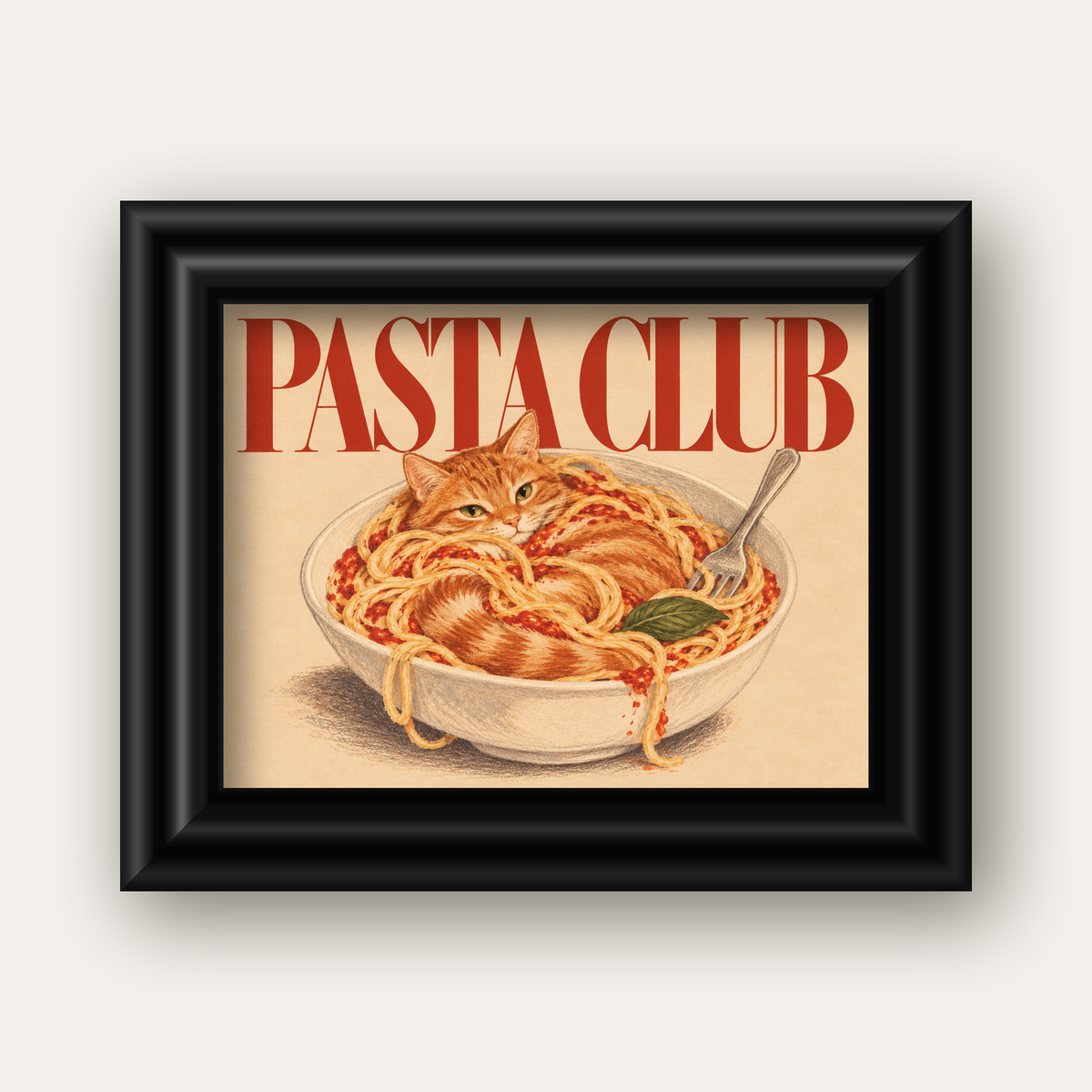 Pasta Club: Spagetti Arasında Kedi Poster – Renkli Sanat Baskısı — siyah galeri çerçeveli