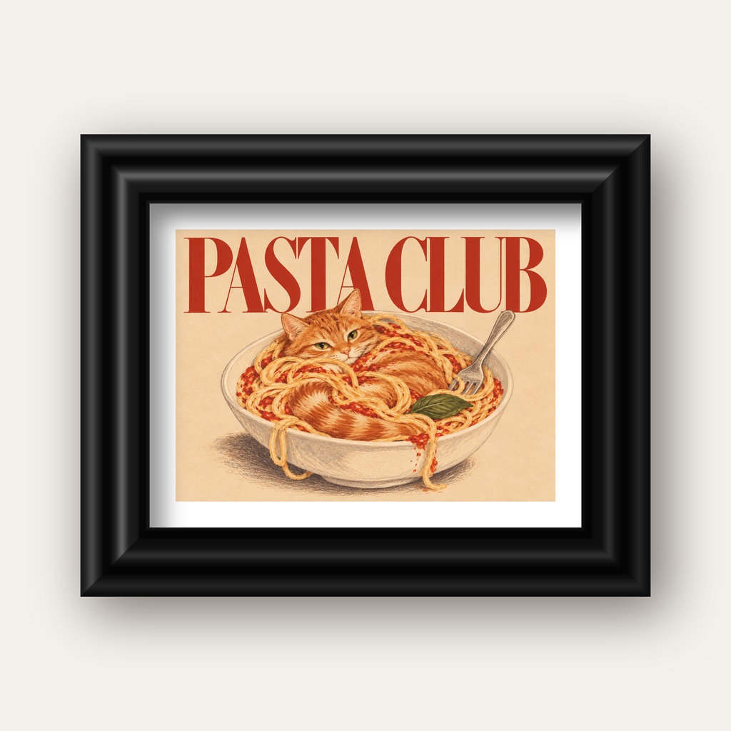 Pasta Club: Spagetti Arasında Kedi Poster – Renkli Sanat Baskısı — siyah galeri çerçeveli paspartulu