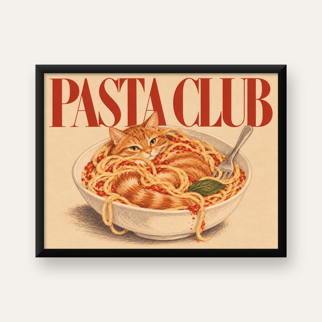 Pasta Club: Spagetti Arasında Kedi Poster – Renkli Çerçeveli Baskı — Yatay baskı, düz siyah çerçeveli duvar posteri