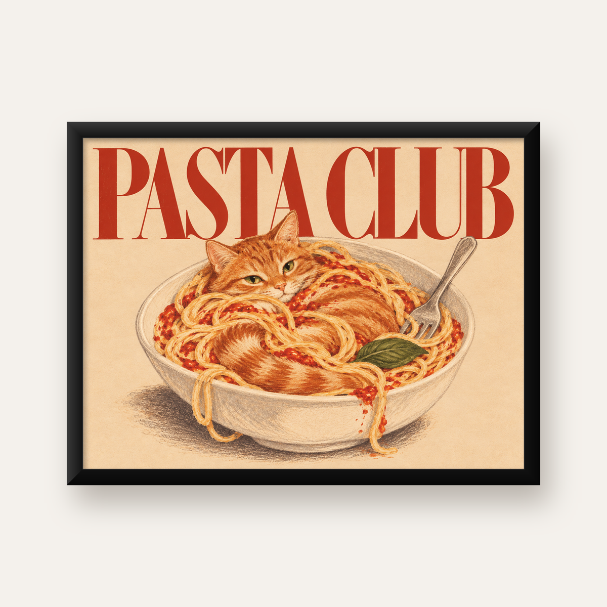 Pasta Club: Spagetti Arasında Kedi Poster – Renkli Çerçeveli Baskı — Yatay baskı, düz siyah çerçeveli duvar posteri