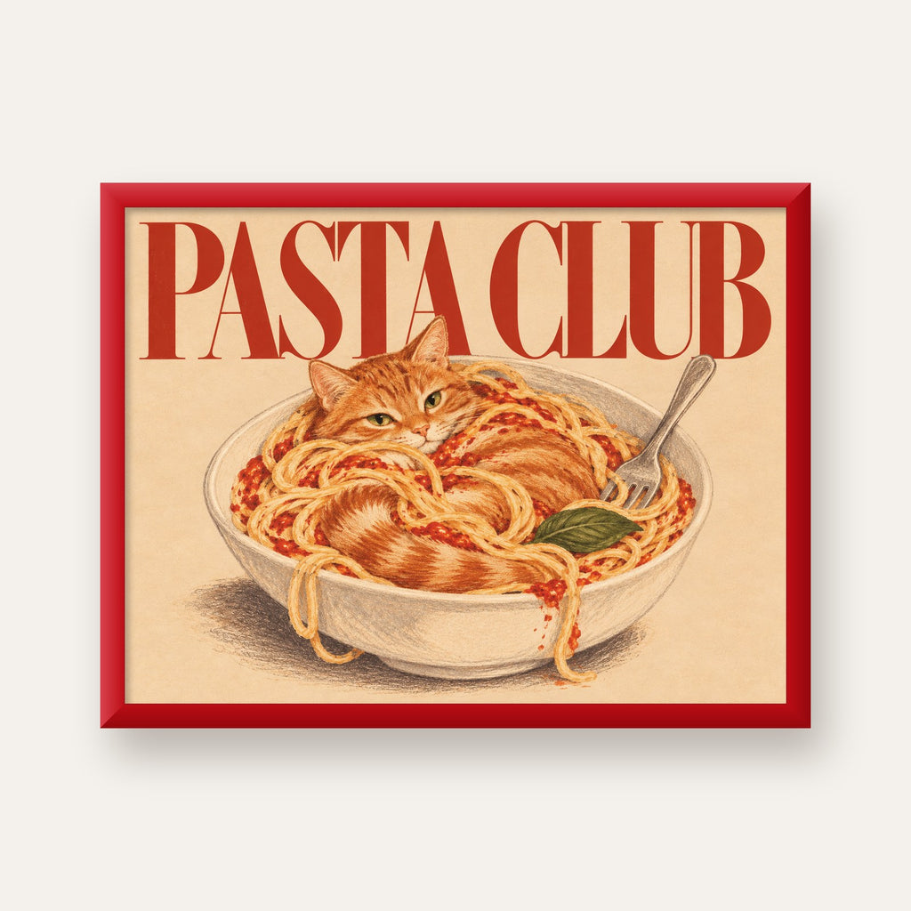 Pasta Club: Spagetti Arasında Kedi Poster – Renkli Sanat Baskısı — kırmızı çerçeveli