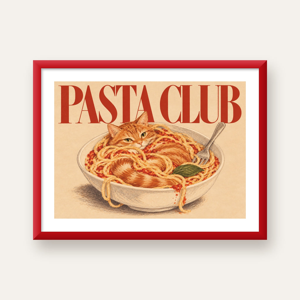 Pasta Club: Spagetti Arasında Kedi Poster – Renkli Sanat Baskısı — kırmızı çerçeveli paspartulu