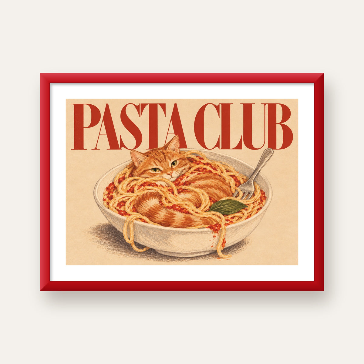 Pasta Club: Spagetti Arasında Kedi Poster – Renkli Sanat Baskısı — kırmızı çerçeveli paspartulu