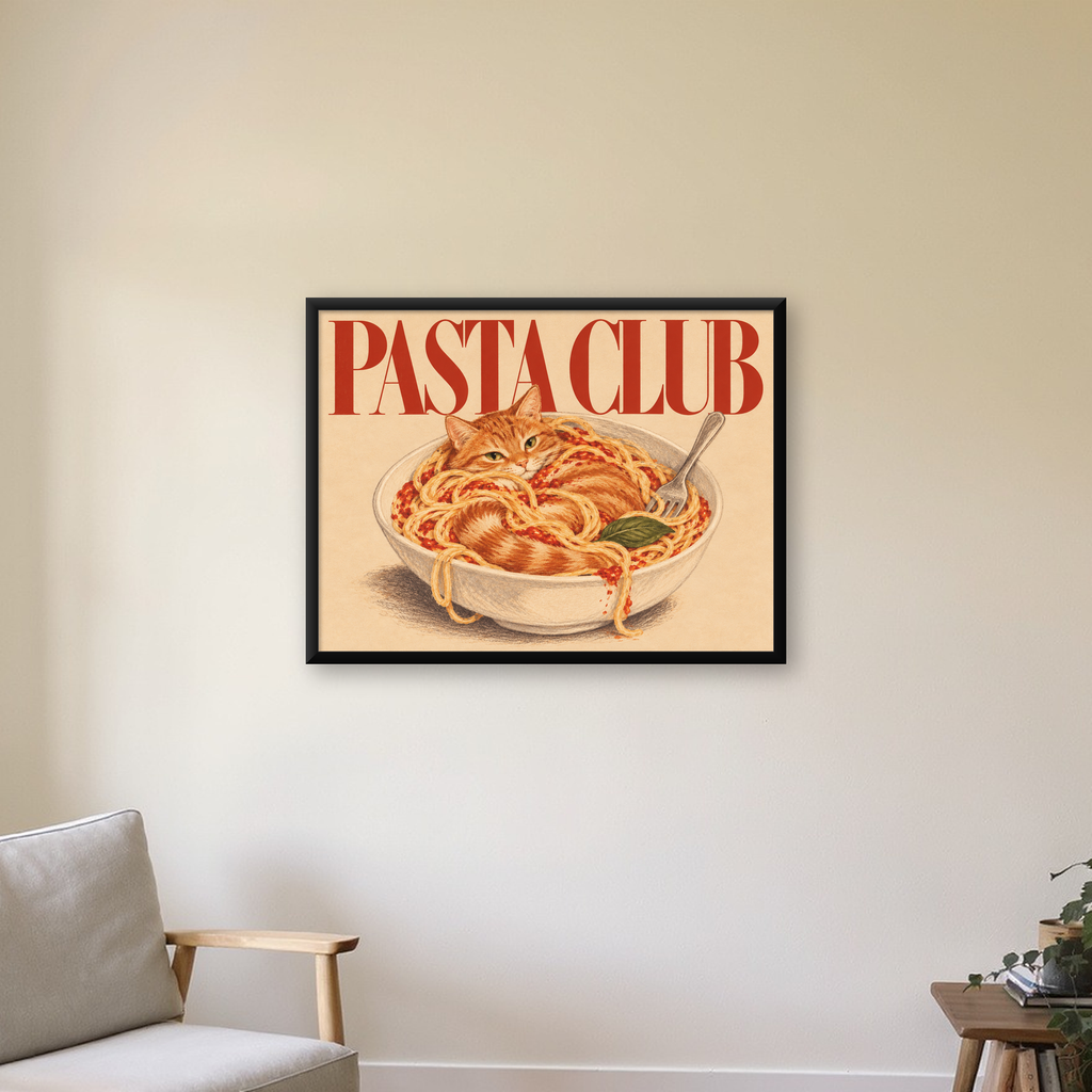 Pasta Club: Spagetti Arasında Kedi Poster – Renkli Çerçeveli Baskı — Yatay baskı, çerçeveli hâliyle bir ev duvarında