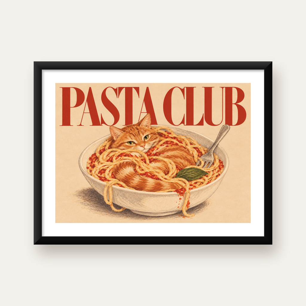Pasta Club: Spagetti Arasında Kedi Poster – Renkli Çerçeveli Baskı — Yatay baskı, beyaz kenar boşluklu