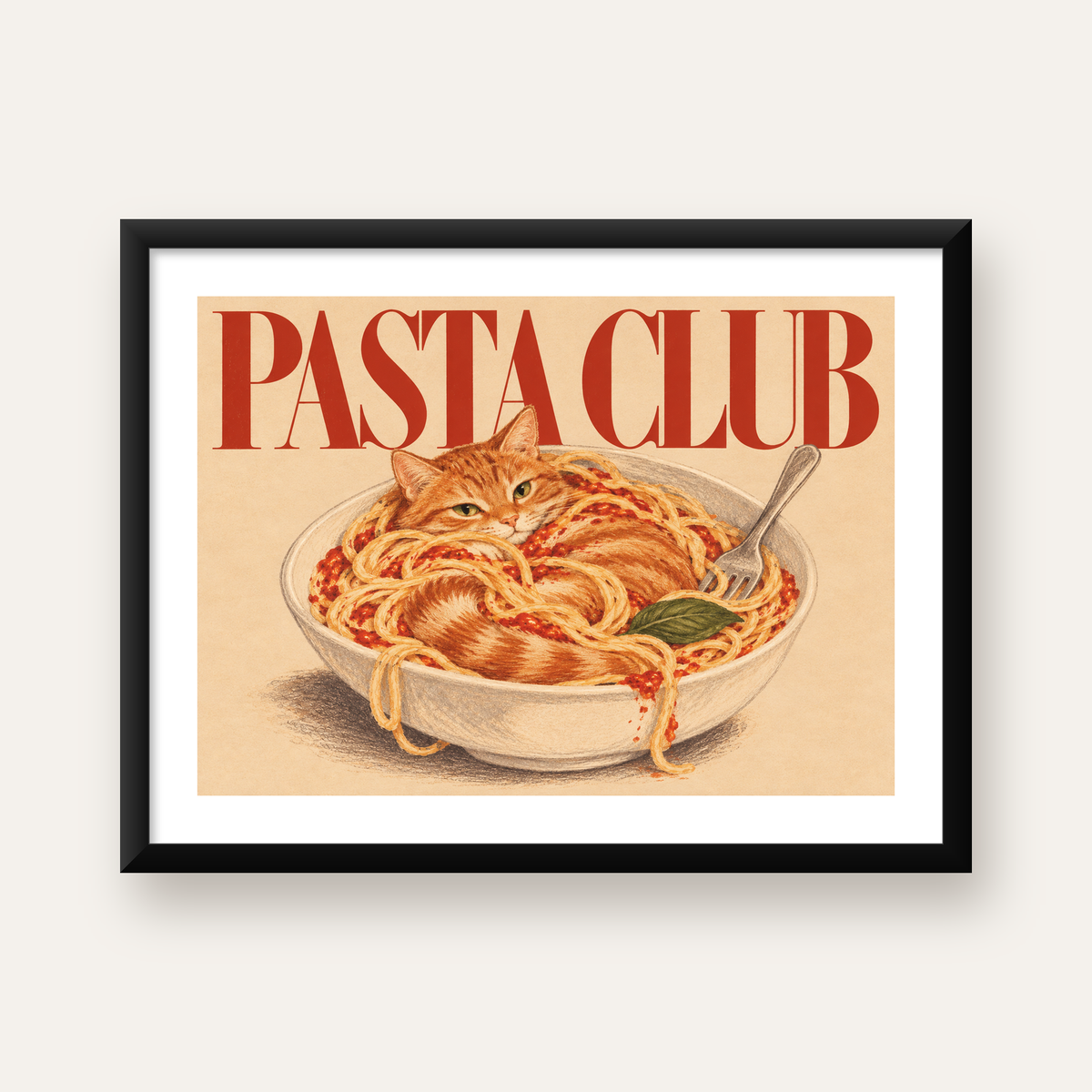 Pasta Club: Spagetti Arasında Kedi Poster – Renkli Çerçeveli Baskı — Yatay baskı, beyaz kenar boşluklu