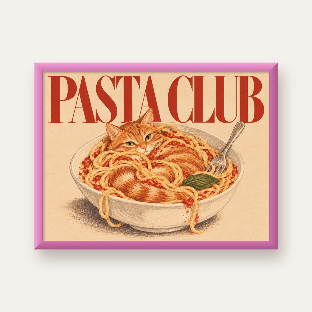 Pasta Club: Spagetti Arasında Kedi Poster – Renkli Sanat Baskısı — pembe çerçeveli
