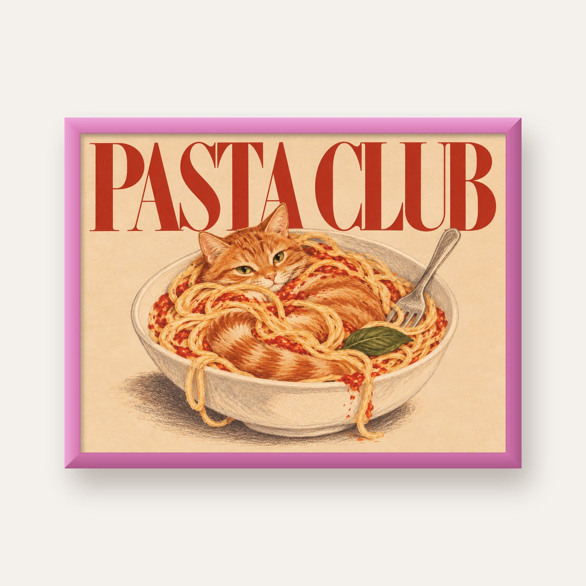 Pasta Club: Spagetti Arasında Kedi Poster – Renkli Sanat Baskısı — pembe çerçeveli