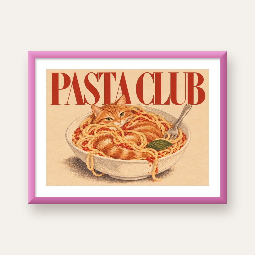 Pasta Club: Spagetti Arasında Kedi Poster – Renkli Sanat Baskısı — pembe çerçeveli paspartulu