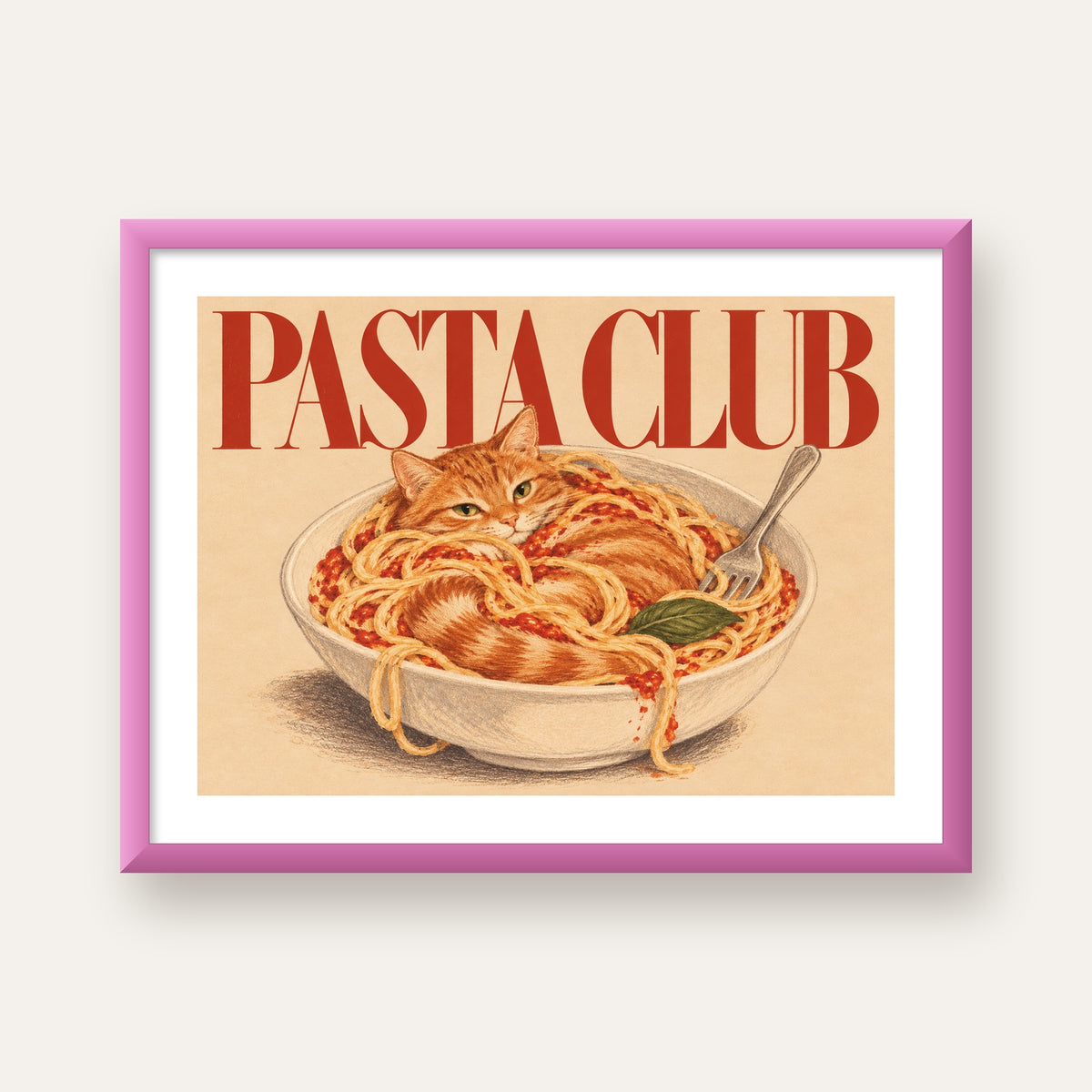 Pasta Club: Spagetti Arasında Kedi Poster – Renkli Sanat Baskısı — pembe çerçeveli paspartulu