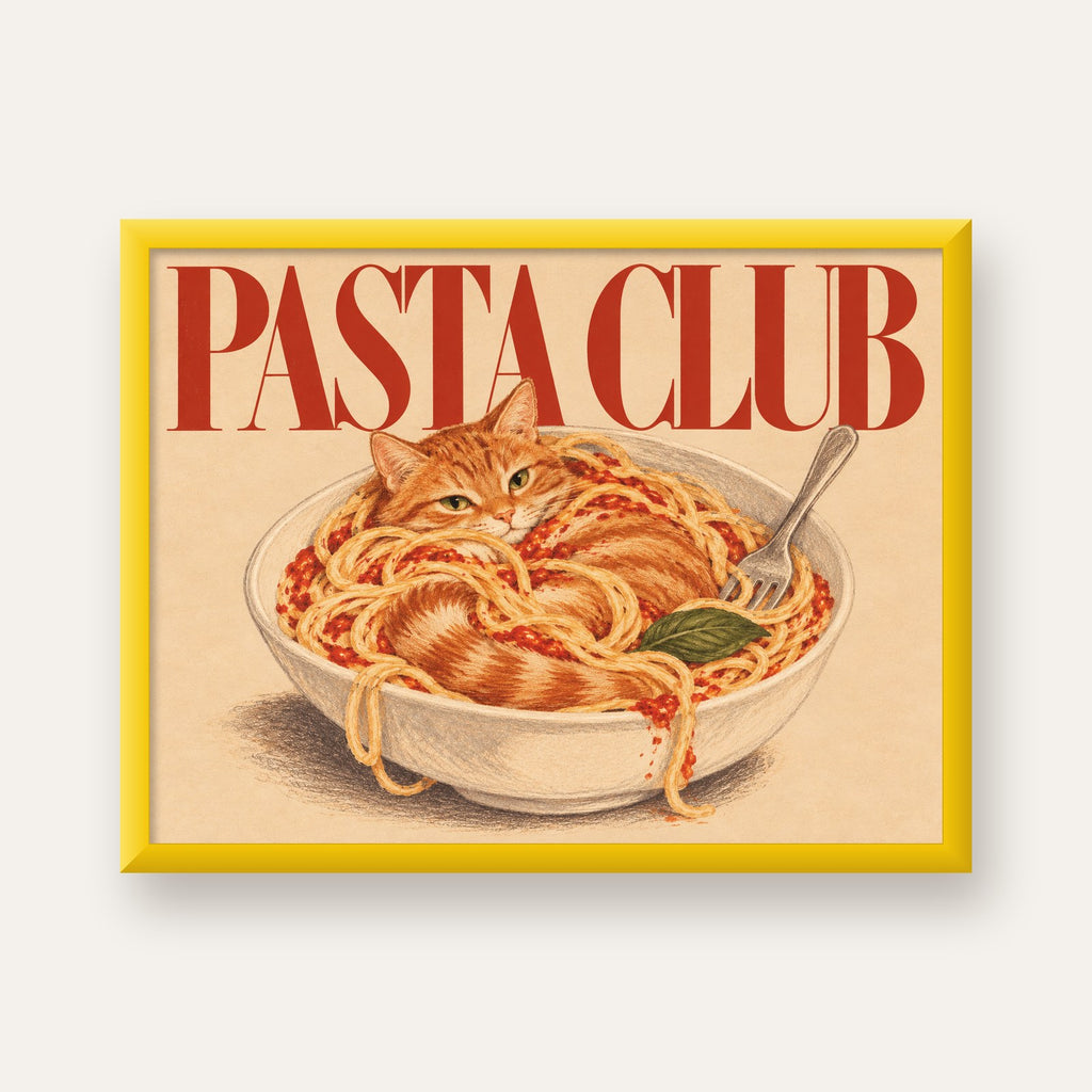 Pasta Club: Spagetti Arasında Kedi Poster – Renkli Sanat Baskısı — sarı çerçeveli