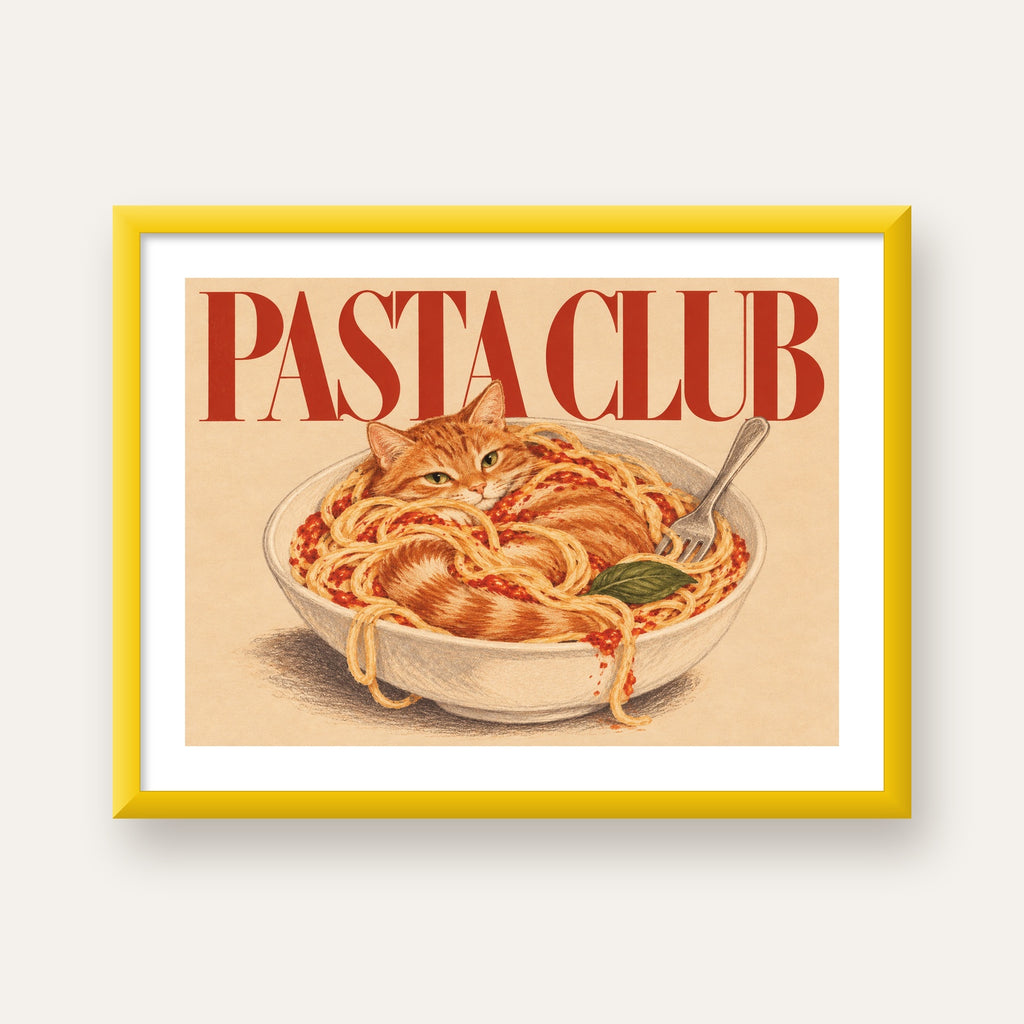 Pasta Club: Spagetti Arasında Kedi Poster – Renkli Sanat Baskısı — sarı çerçeveli paspartulu