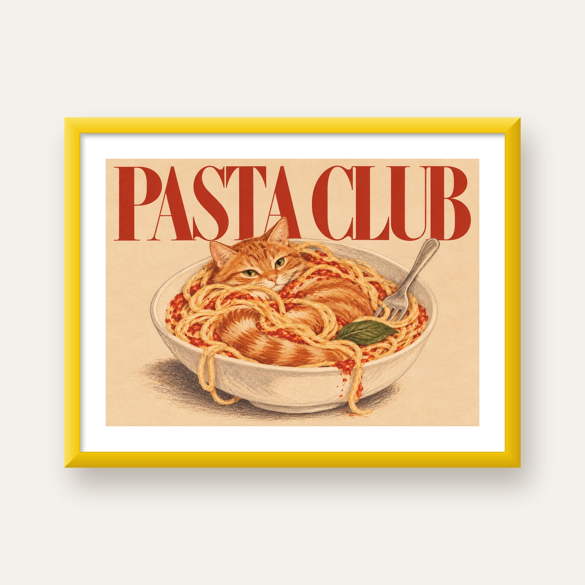Pasta Club: Spagetti Arasında Kedi Poster – Renkli Sanat Baskısı — sarı çerçeveli paspartulu