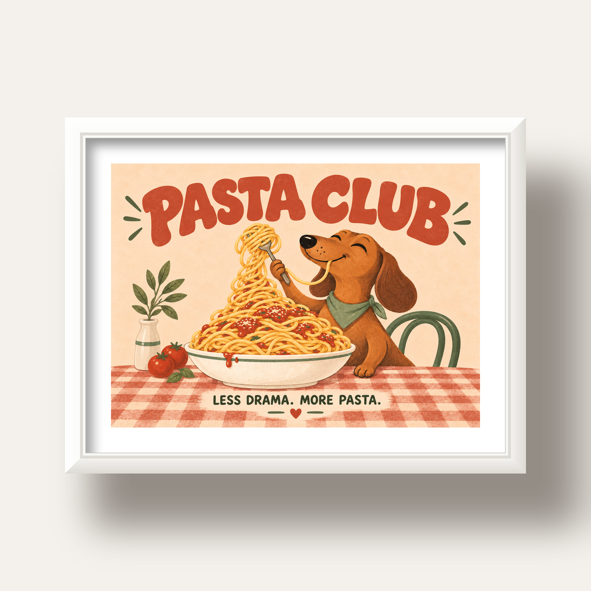 Spagetti Seven Köpek Retro Poster – Pasta Club Tasarımı — beyaz derin çerçeveli paspartulu