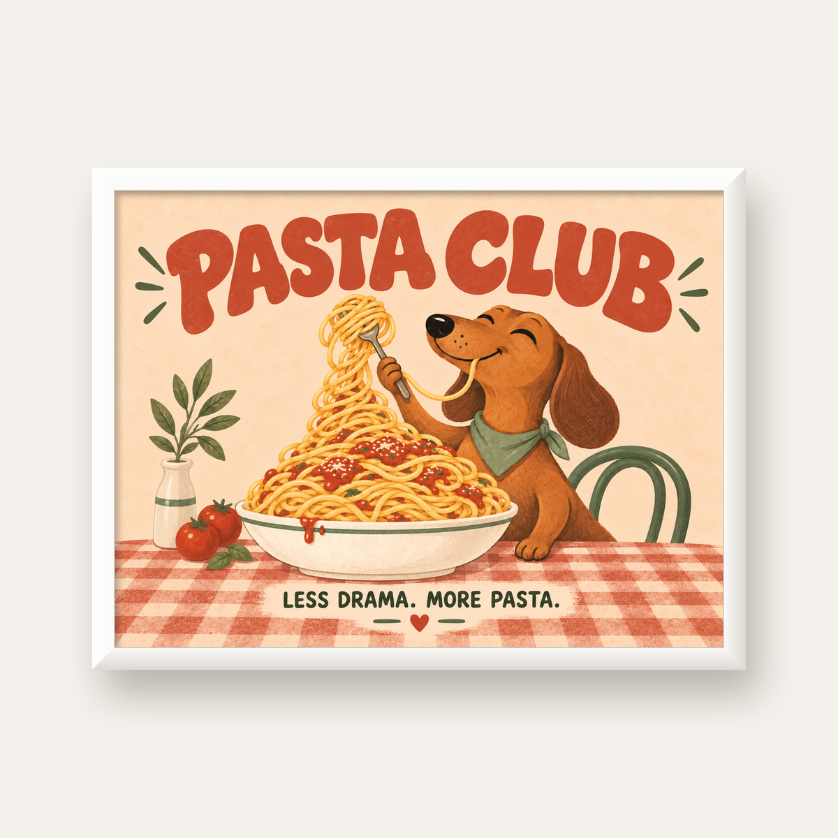 Spagetti Seven Köpek Retro Poster – Pasta Club Tasarımı — beyaz çerçeveli yatay poster