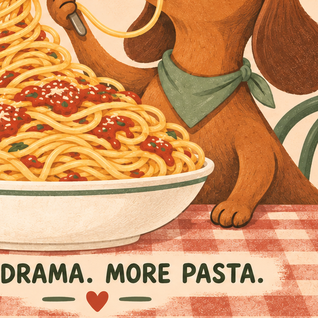 Spagetti Seven Köpek Retro Poster – Pasta Club Tasarımı — baskının yakın çekimi, kâğıt dokusu ve renk detayı