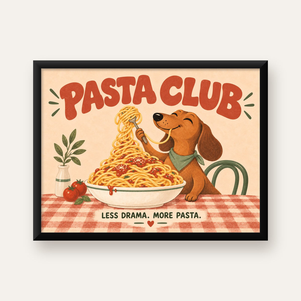 Spagetti Seven Köpek Retro Poster – Pasta Club Tasarımı — Yatay baskı, düz siyah çerçeveli duvar posteri