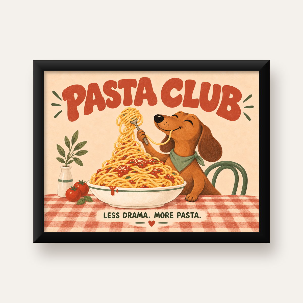 Spagetti Seven Köpek Retro Poster – Pasta Club Tasarımı — Yatay baskı, düz siyah çerçeveli duvar posteri