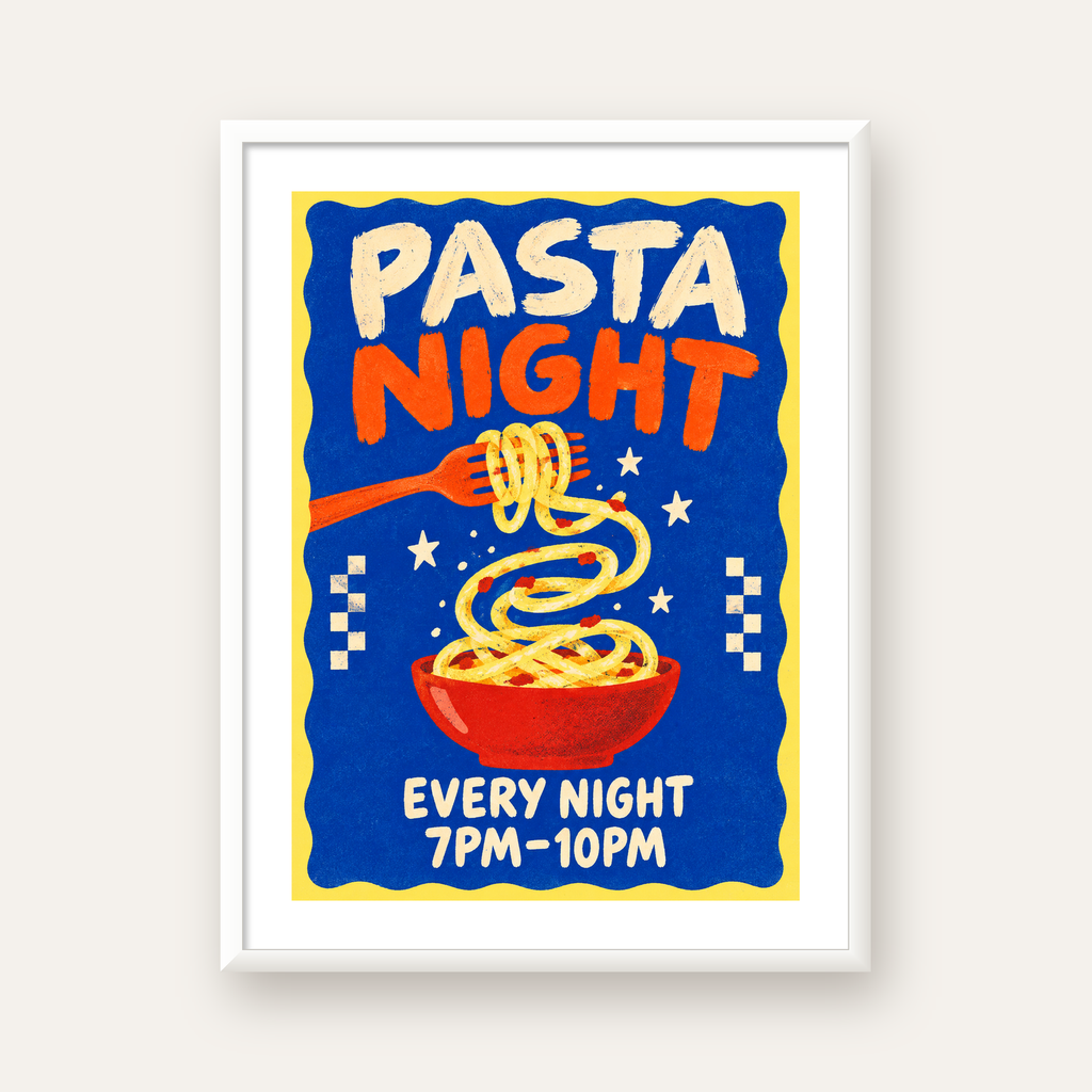 Makarna Gecesi – İllüstratif Spagetti Sanat Posteri — beyaz çerçeveli dikey poster