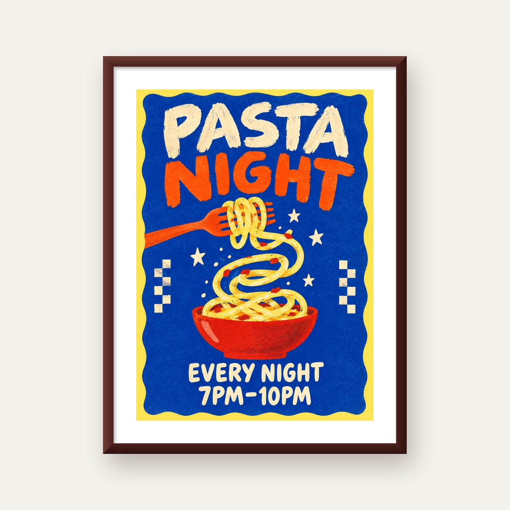 Makarna Gecesi – İllüstratif Spagetti Sanat Posteri — ceviz çerçeveli paspartulu