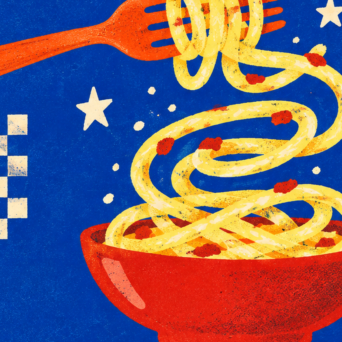 Makarna Gecesi – İllüstratif Spagetti Sanat Posteri — baskının yakın çekimi, kâğıt dokusu ve renk detayı