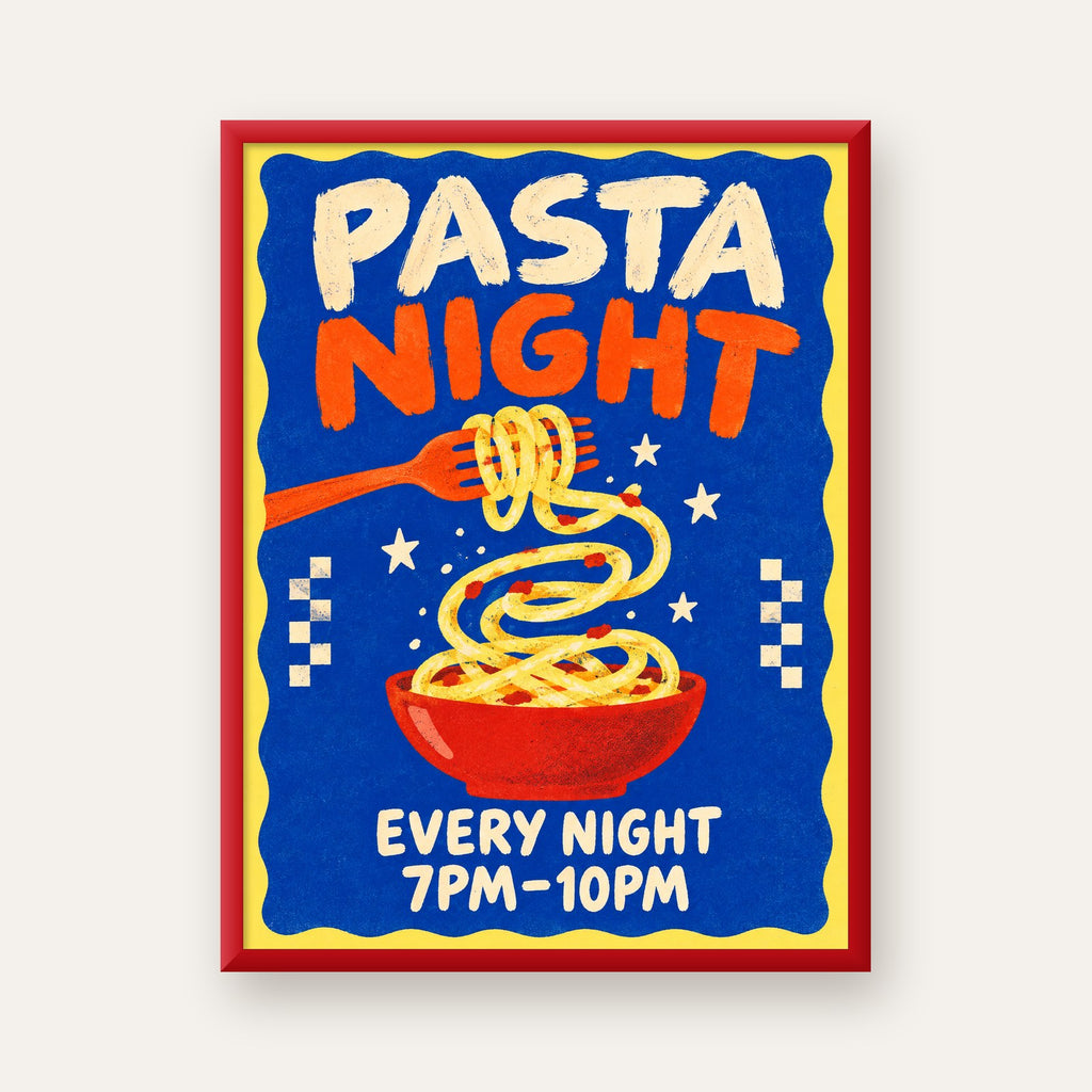 Makarna Gecesi – İllüstratif Spagetti Sanat Posteri — kırmızı çerçeveli