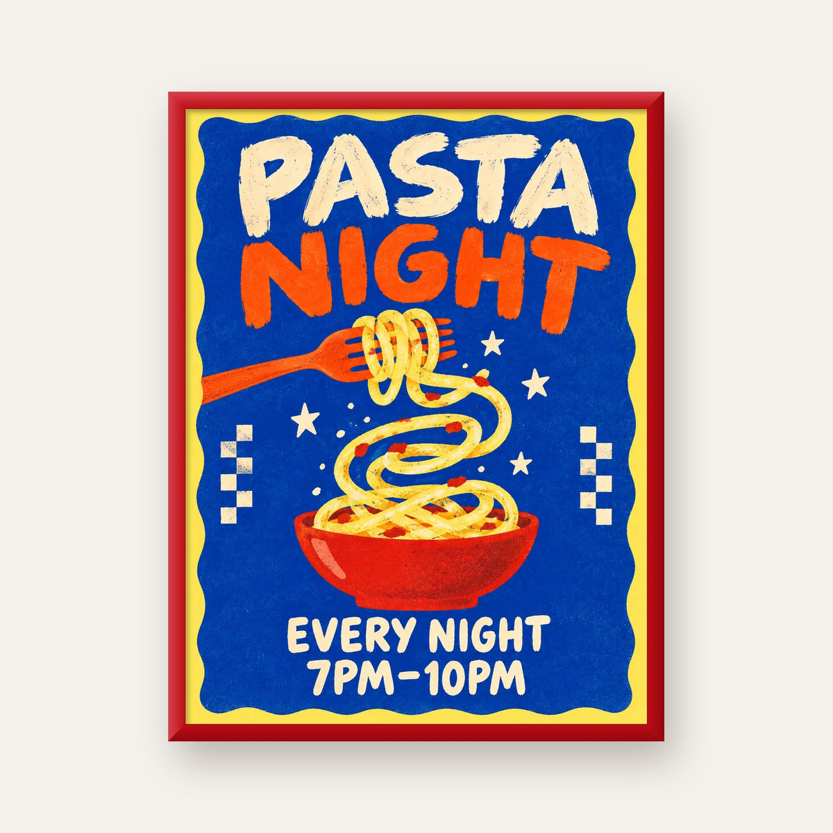 Makarna Gecesi – İllüstratif Spagetti Sanat Posteri — kırmızı çerçeveli