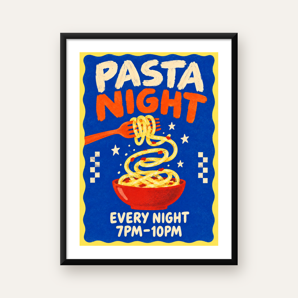 Makarna Gecesi – İllüstratif Spagetti Sanat Posteri — Dikey baskı, beyaz paspartulu