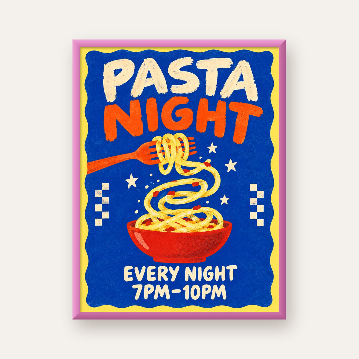 Makarna Gecesi – İllüstratif Spagetti Sanat Posteri — pembe çerçeveli